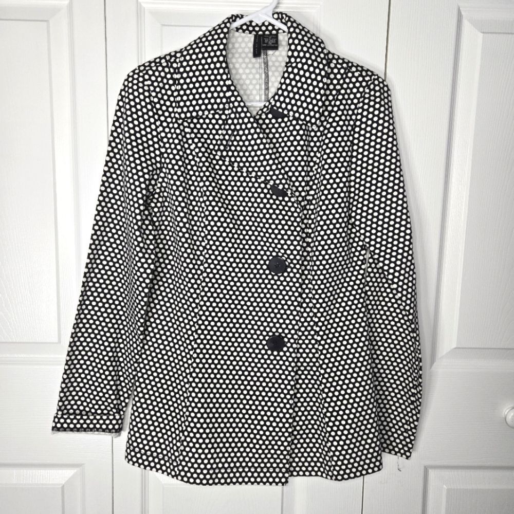 Black And White PolkadotāPea Coat Blazer Jacket Women's Size Medium 100% Cotton